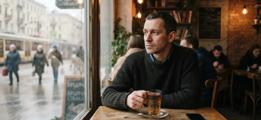 Мужчина переживает расставание, сидя в одиночестве у окна