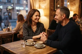 Мужчина и женщина за 40 лет держатся за руки на свидании в кафе