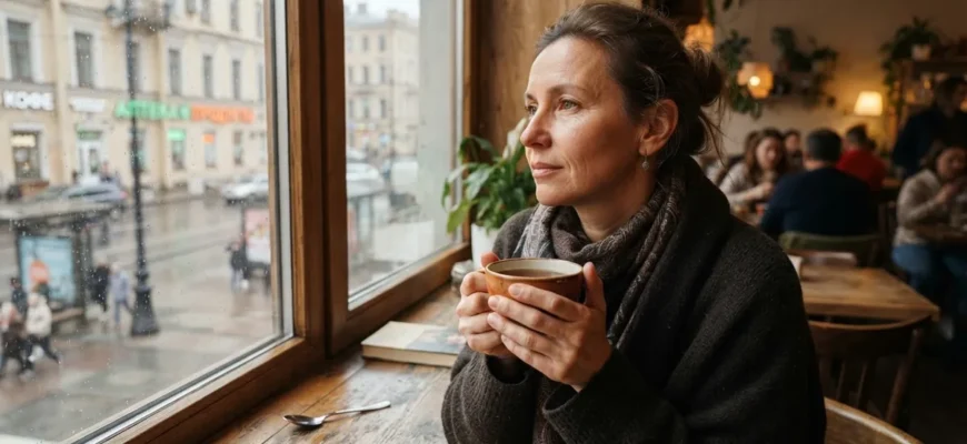 Женщина переживает расставание и смотрит в окно