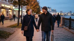 Мужчина и женщина 30-40 лет разговаривают, держась за руки