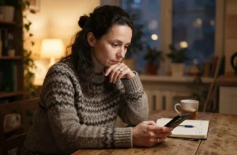 Женщина держит телефон и задумчиво смотрит на экран с непрочитанным сообщением