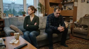 Мужчина и женщина после 40 лет сидят молча на разных концах дивана после ссоры