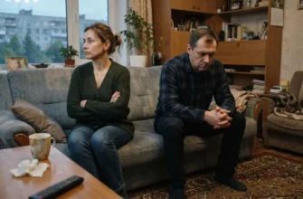 Мужчина и женщина после 40 лет сидят молча на разных концах дивана после ссоры